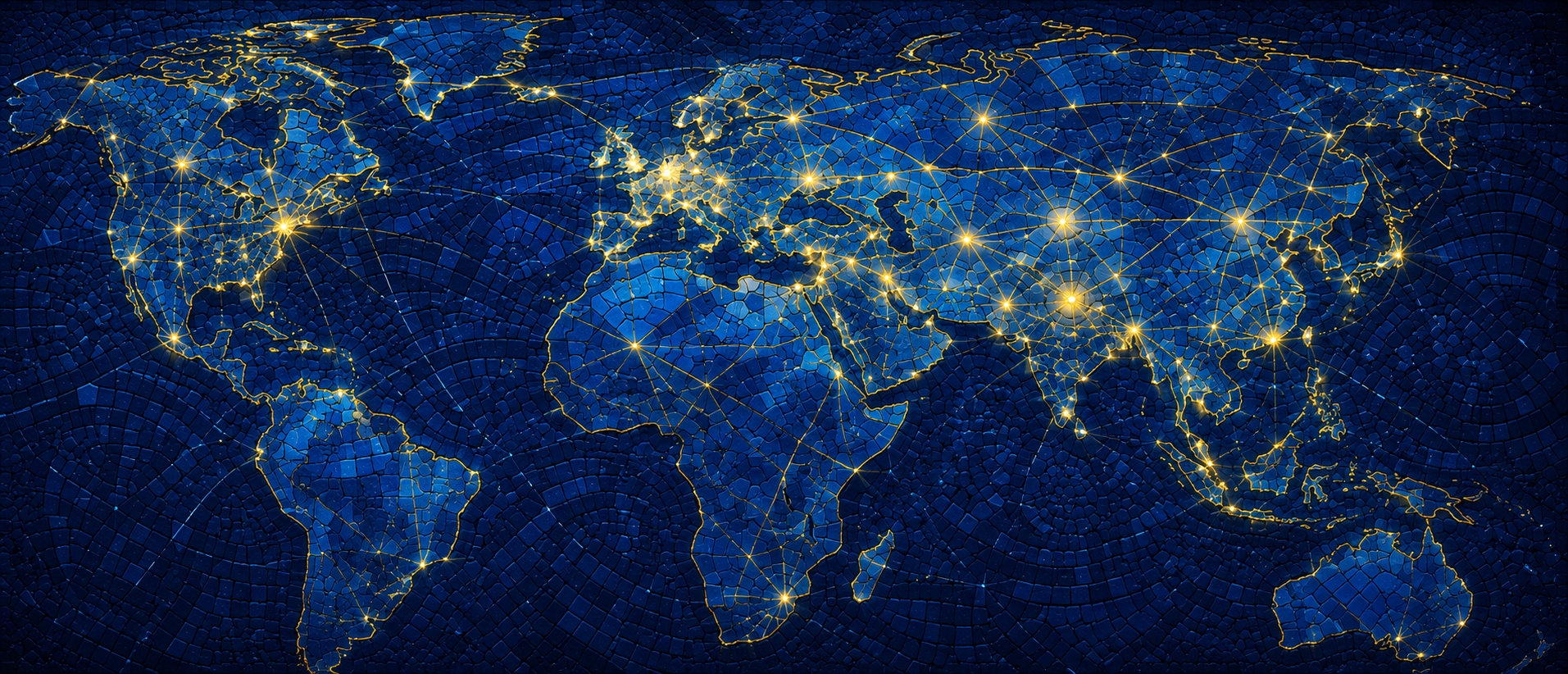 A night-time world map with glowing gold network lines connecting cities across continents on a deep navy background